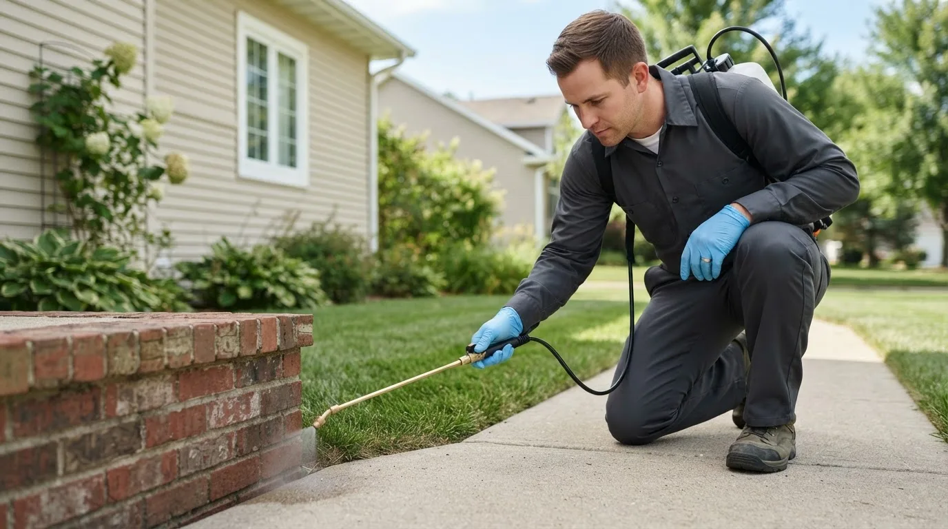 Pest control technician treating a home near West Decatur, PA